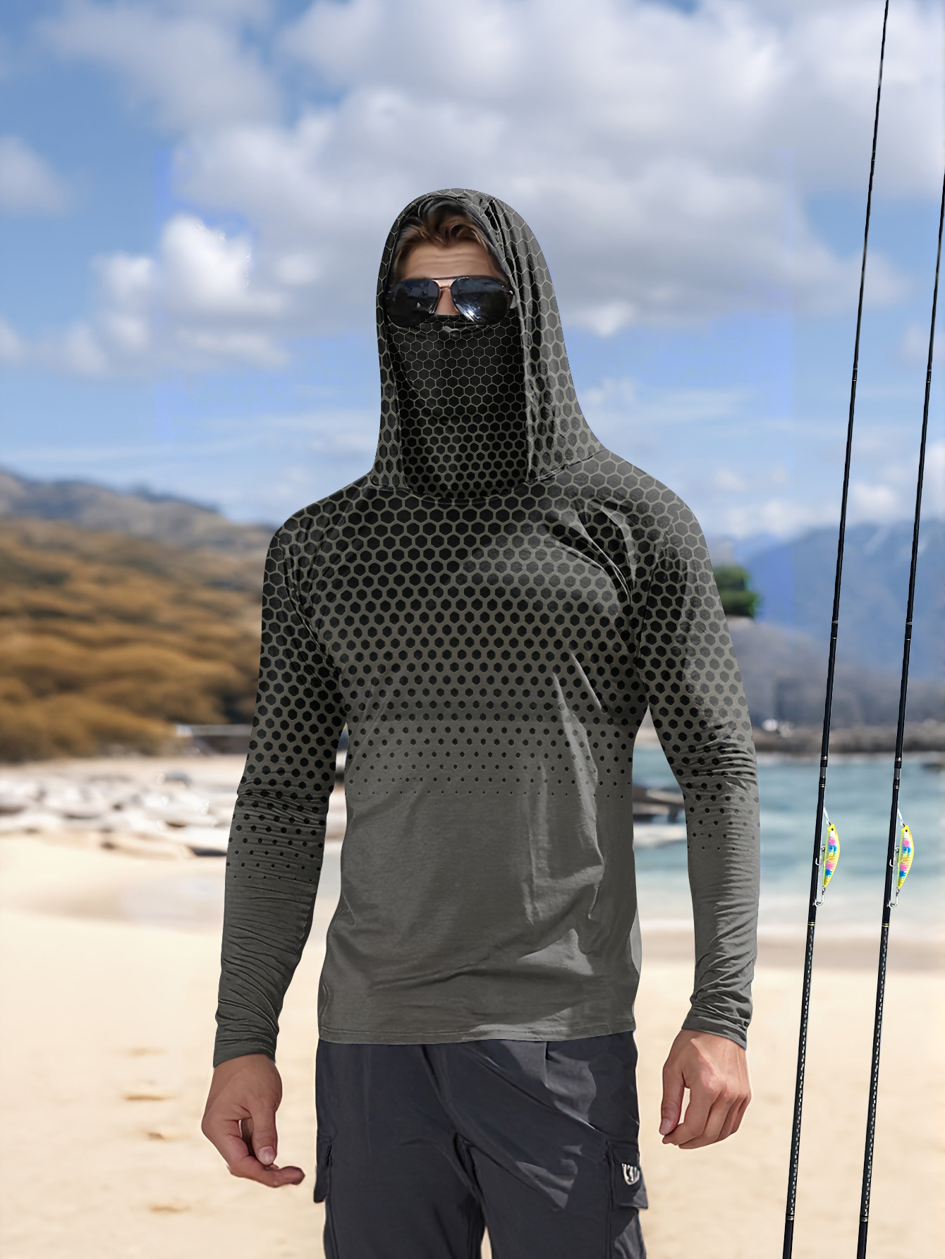 Fishing Hoodie - Gri Gradyan Petek Desenli Erkek Balıkçı